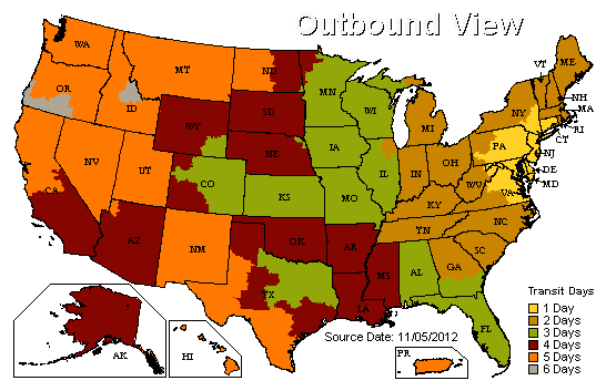 A map of the United States showing outbound shipping timetables for locations throughout the country.