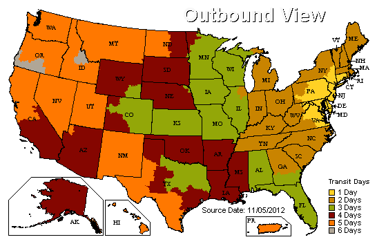 UPS Ground Outbound Shipping Times A map of the United States showing outbound shipping timetables for locations throughout the country.